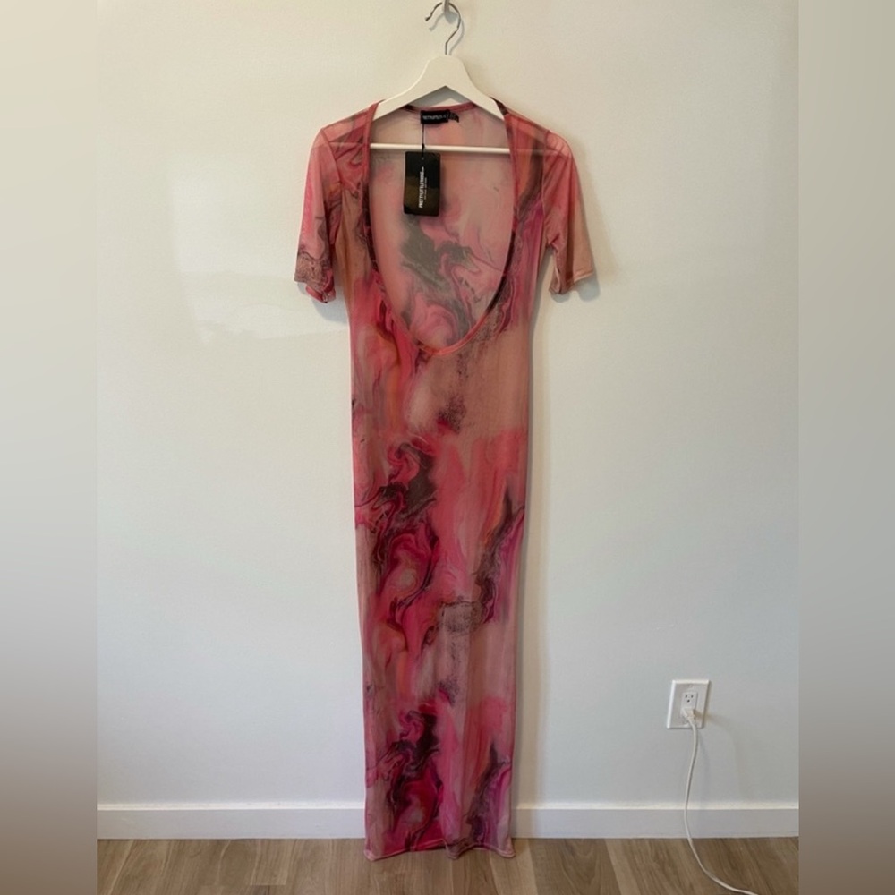 PrettyLittleThing Mesh Print Maxi Cover Up Dress